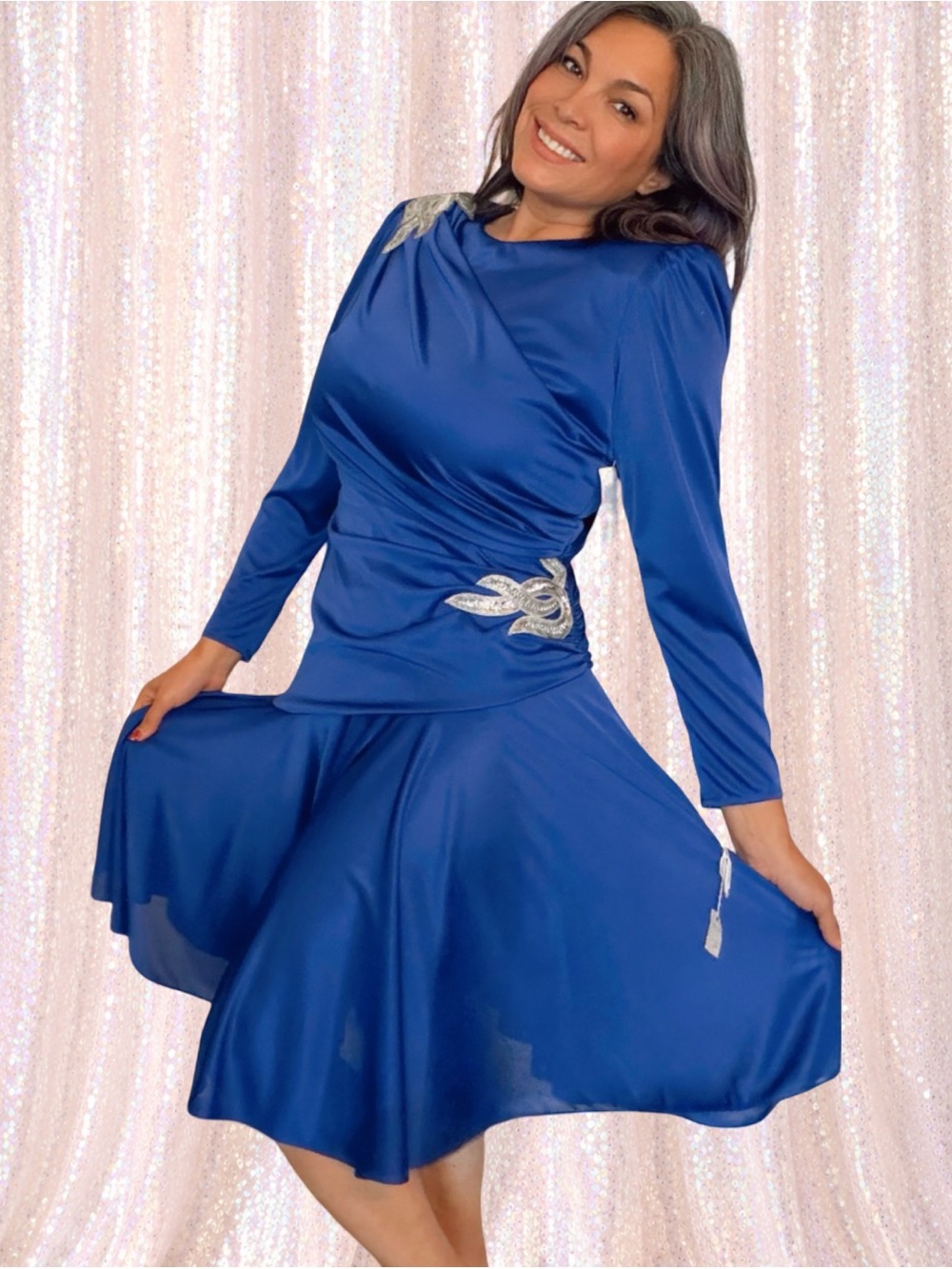 Vintage Capricorn Cobalt Blue Beaded Draped Midi Dress Sz 12 USA - Picture 1 of 16